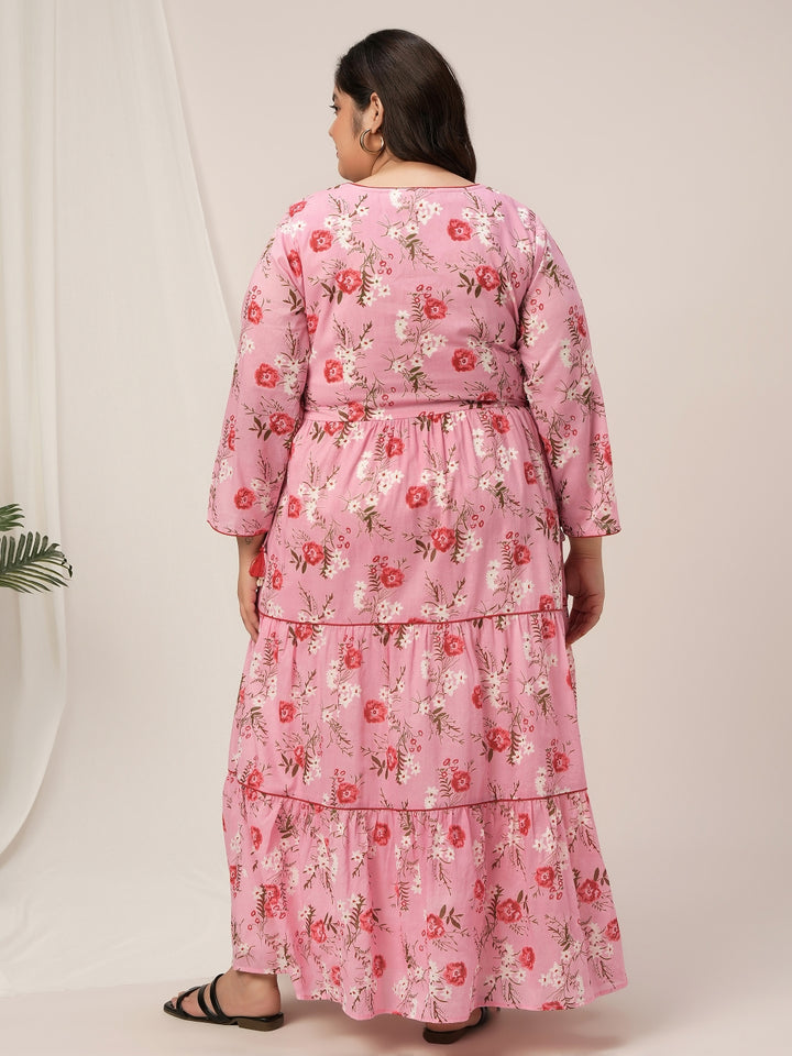 Plus Size Pink Floral Cotton Maxi Dress