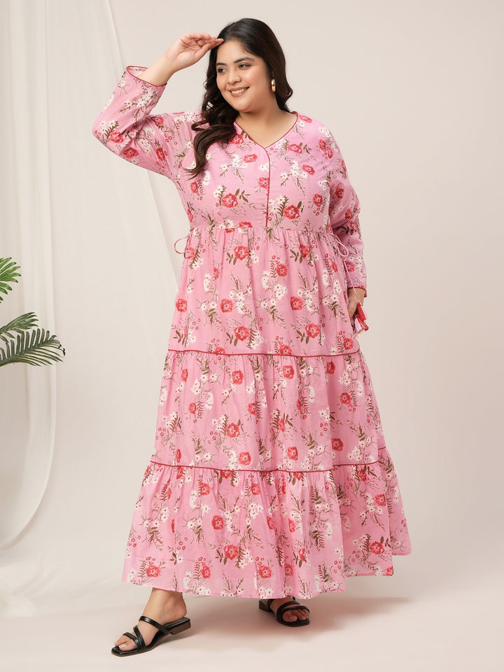 Plus Size Pink Floral Cotton Maxi Dress