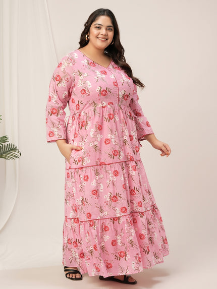 Plus Size Pink Floral Cotton Maxi Dress