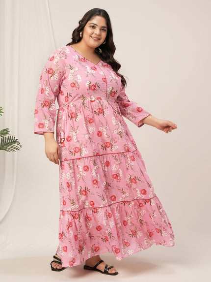 Plus Size Pink Floral Cotton Maxi Dress