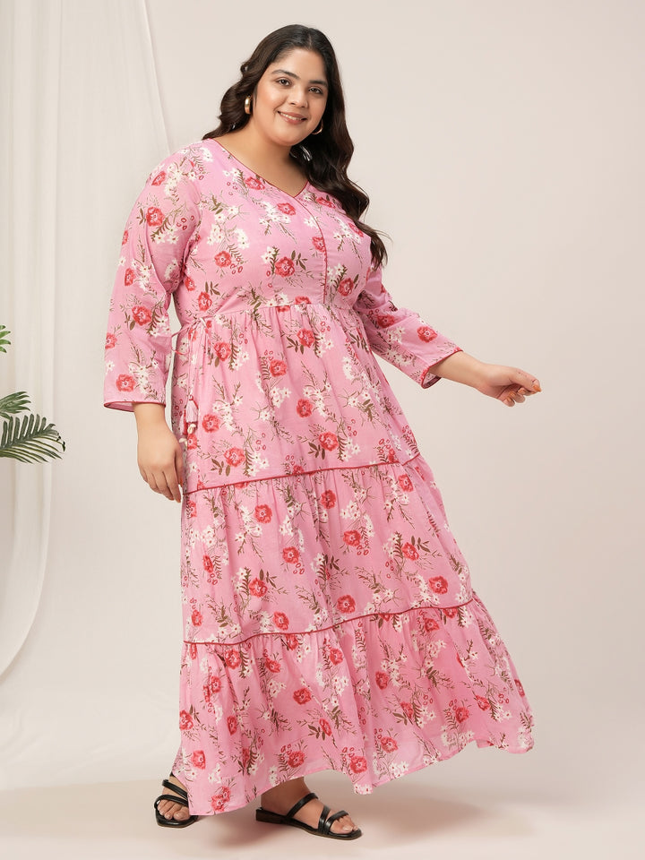 Plus Size Pink Floral Cotton Maxi Dress