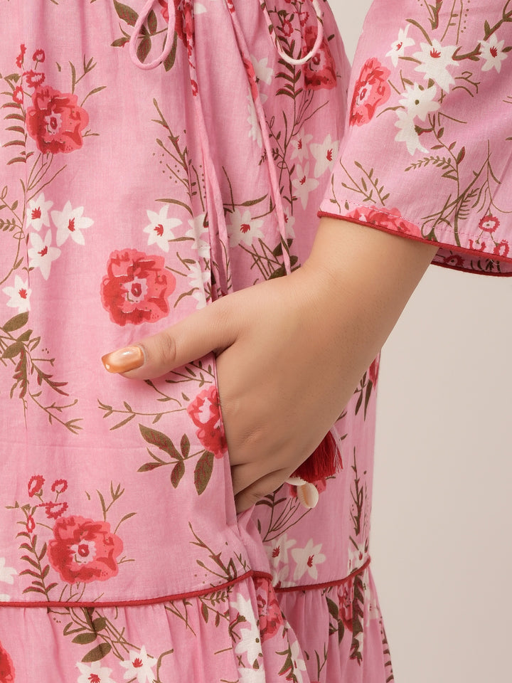 Plus Size Pink Floral Cotton Maxi Dress