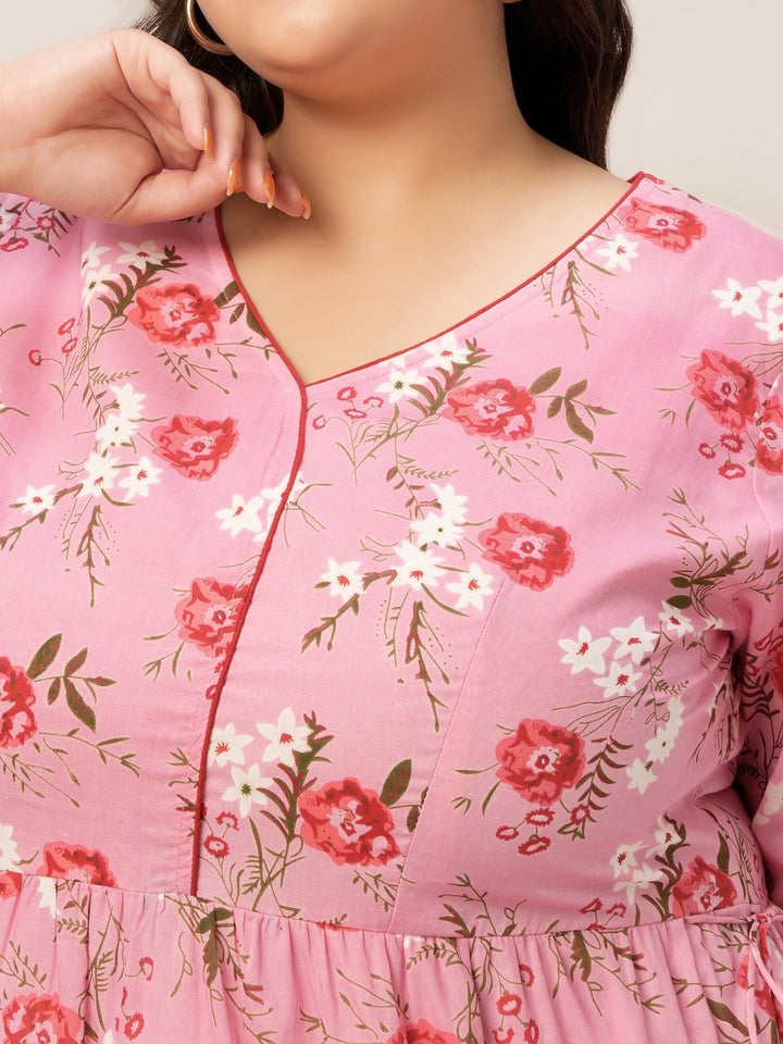 Plus Size Pink Floral Cotton Maxi Dress