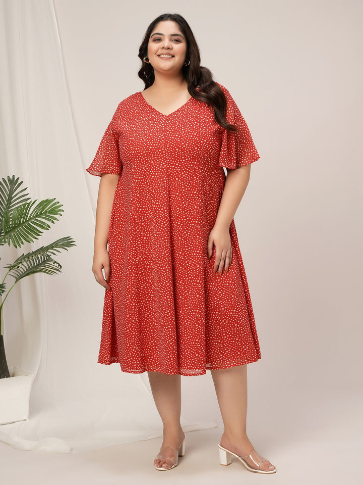 Women Plus Size Red Polka Dot Flare Dress