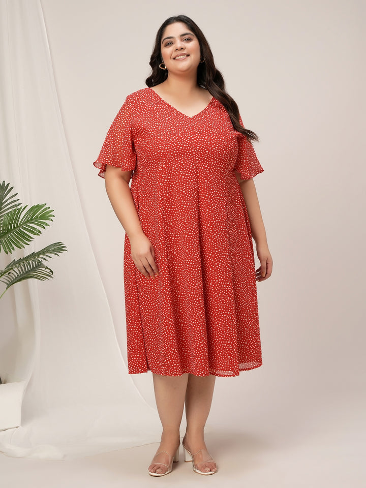 Women Plus Size Red Polka Dot Flare Dress