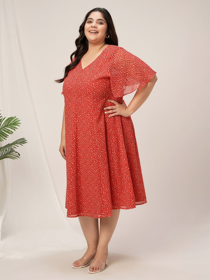 Women Plus Size Red Polka Dot Flare Dress
