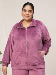 Women Plus Size Soft Velvet Full-Zip Jacket- Dark Pink