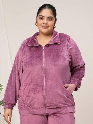 Women Plus Size Soft Velvet Full-Zip Jacket- Dark Pink
