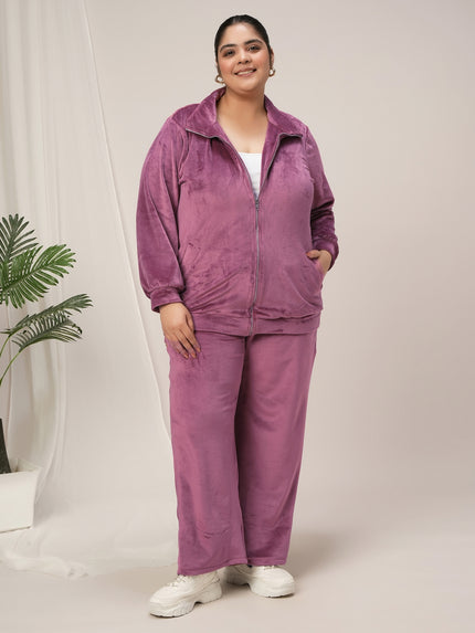 Women Plus Size Soft Velvet Full-Zip Jacket- Dark Pink