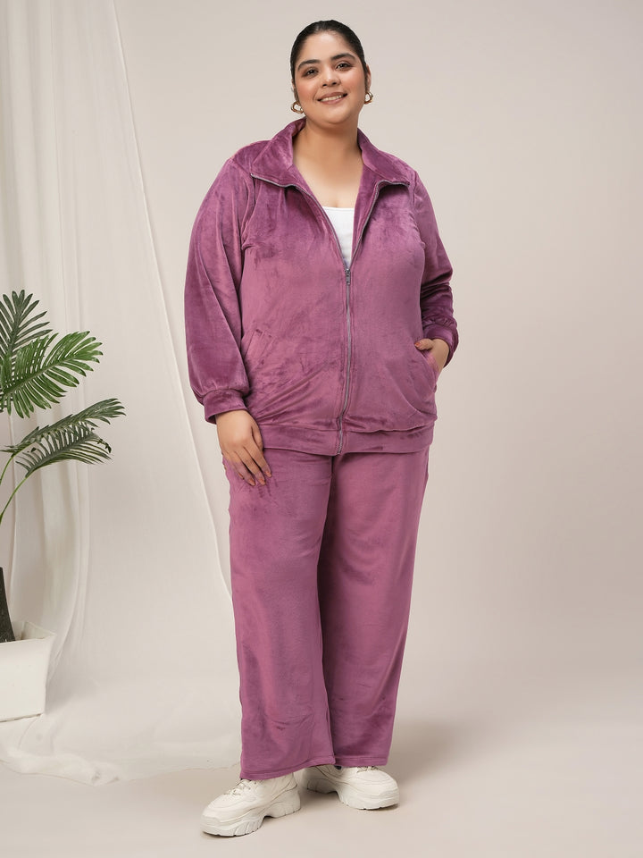 Women Plus Size Soft Velvet Full-Zip Jacket- Dark Pink