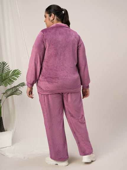 Women Plus Size Velvet Co-Ord Set- Dark Pink