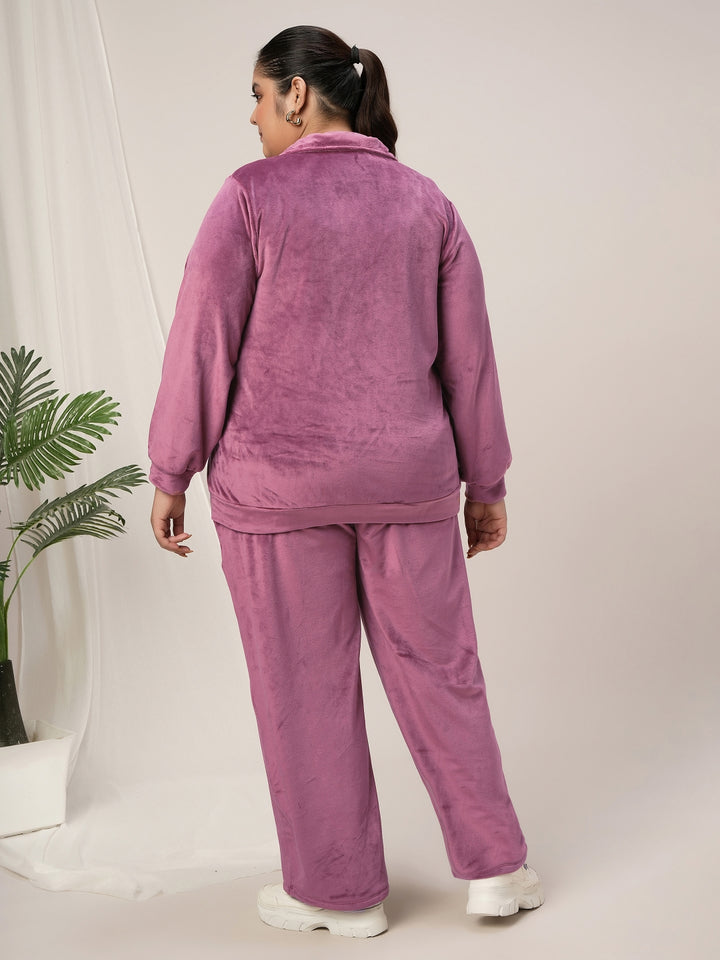 Women Plus Size Velvet Co-Ord Set- Dark Pink