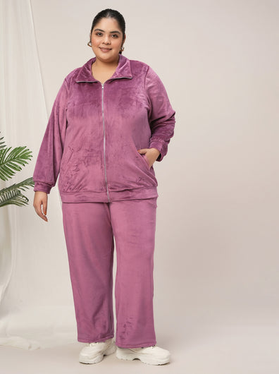 Women Plus Size Velvet Co-Ord Set- Dark Pink