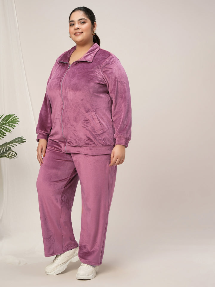 Women Plus Size Velvet Co-Ord Set- Dark Pink
