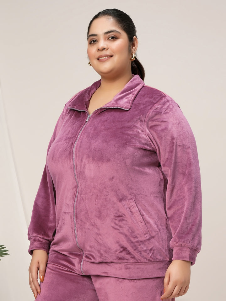 Pink File Jacket Women Plus Size Dark Pink Soft Velvet Full-Zip Jacket