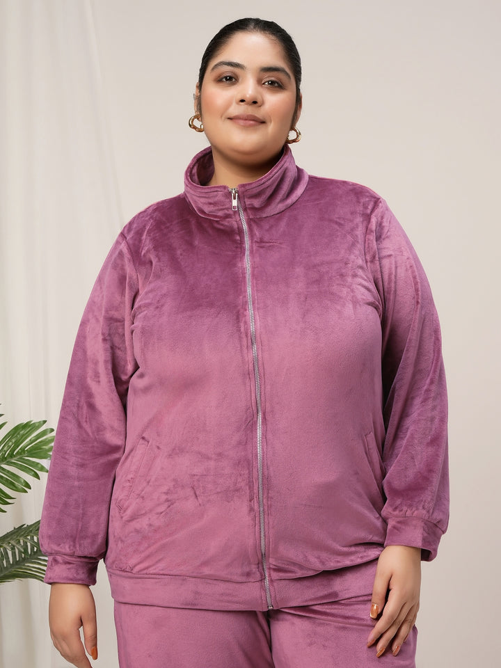 Women Plus Size Soft Velvet Full-Zip Jacket- Dark Pink