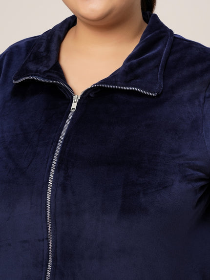 Women Plus Size Soft Velvet Full-Zip Jacket- Navy Blue
