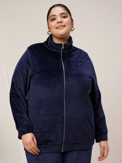 Women Plus Size Soft Velvet Full-Zip Jacket- Navy Blue