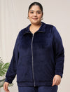 Women Plus Size Soft Velvet Full-Zip Jacket- Navy Blue