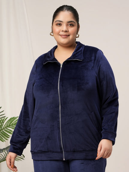 Women Plus Size Soft Velvet Full-Zip Jacket- Navy Blue