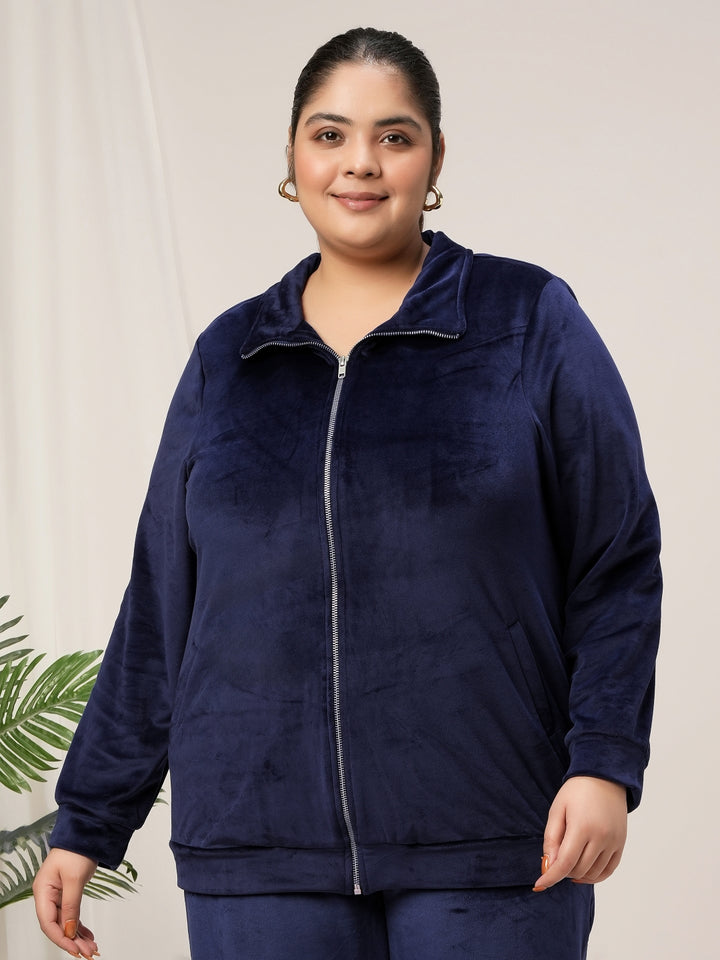 Women Plus Size Soft Velvet Full-Zip Jacket- Navy Blue