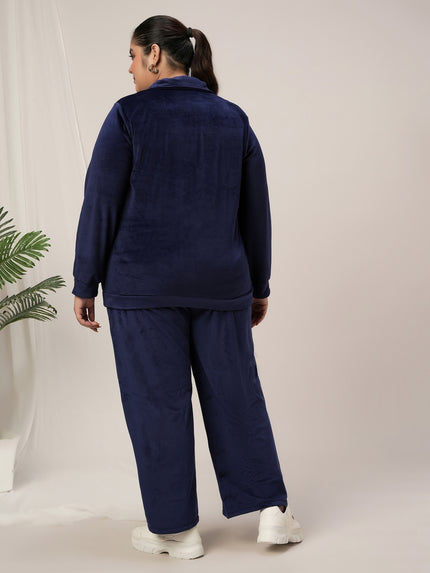 Women Plus Size Velvet Co-Ord Set- Navy Blue