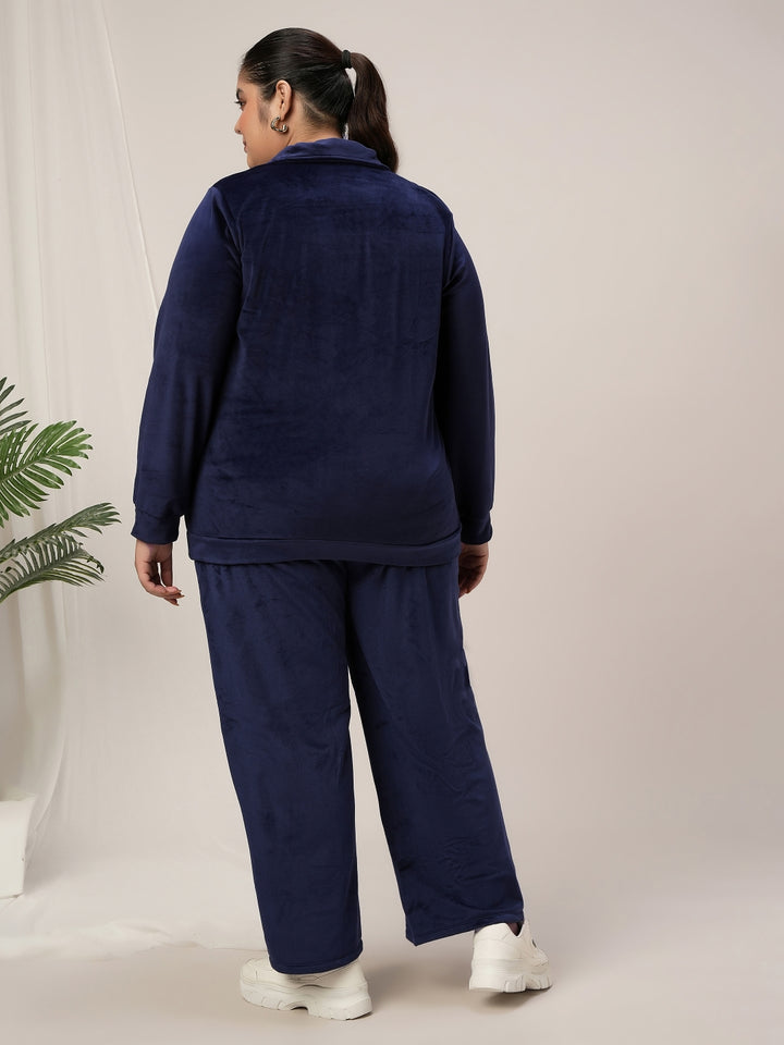 Women Plus Size Velvet Co-Ord Set- Navy Blue