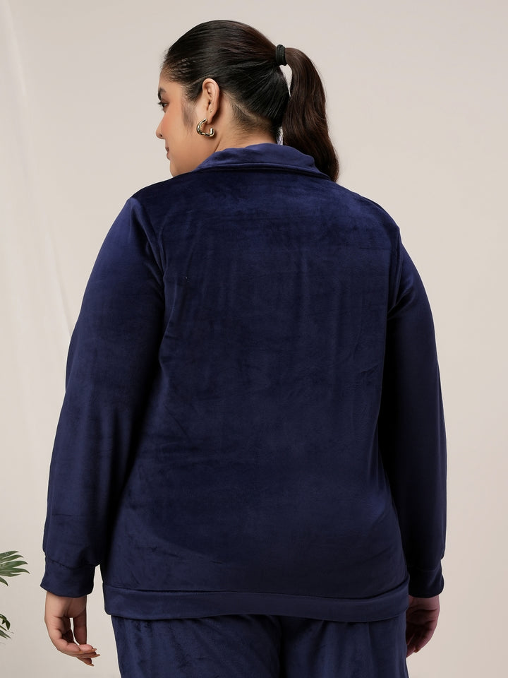 Women Plus Size Soft Velvet Full-Zip Jacket- Navy Blue