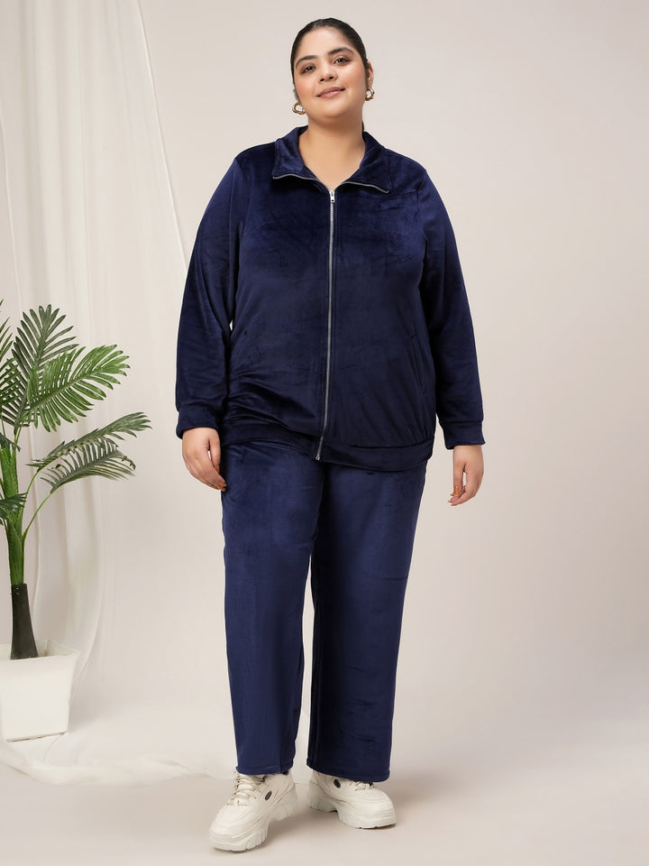 Women Plus Size Soft Velvet Full-Zip Jacket- Navy Blue