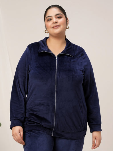 Women Plus Size Soft Velvet Full-Zip Jacket- Navy Blue