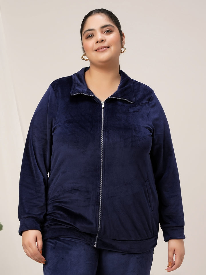 Women Plus Size Soft Velvet Full-Zip Jacket- Navy Blue
