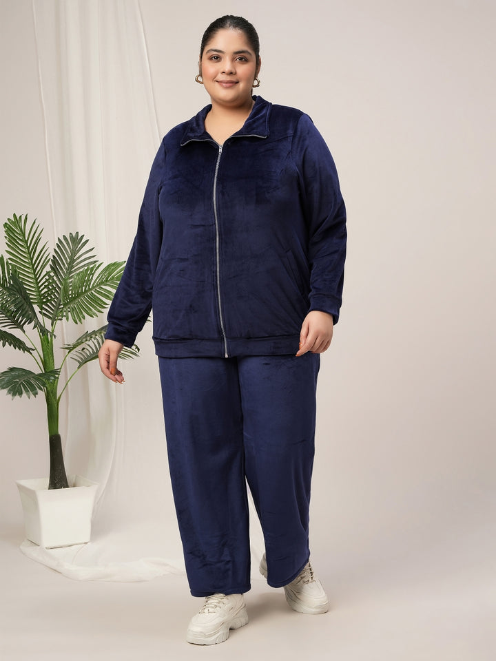 Women Plus Size Velvet Co-Ord Set- Navy Blue