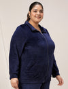 Women Plus Size Soft Velvet Full-Zip Jacket- Navy Blue