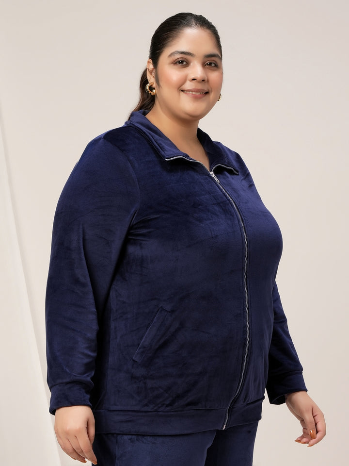 Women Plus Size Soft Velvet Full-Zip Jacket- Navy Blue