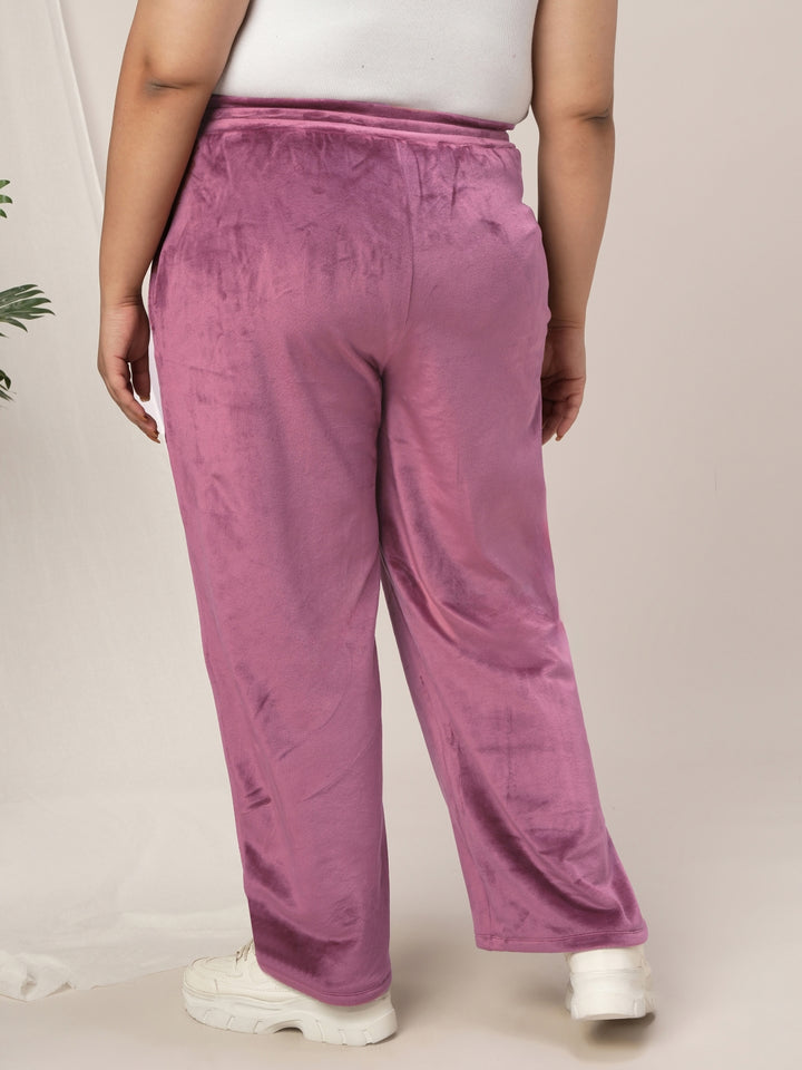 Women Plus Size Wide-Leg Velvet Pants- Dark Pink