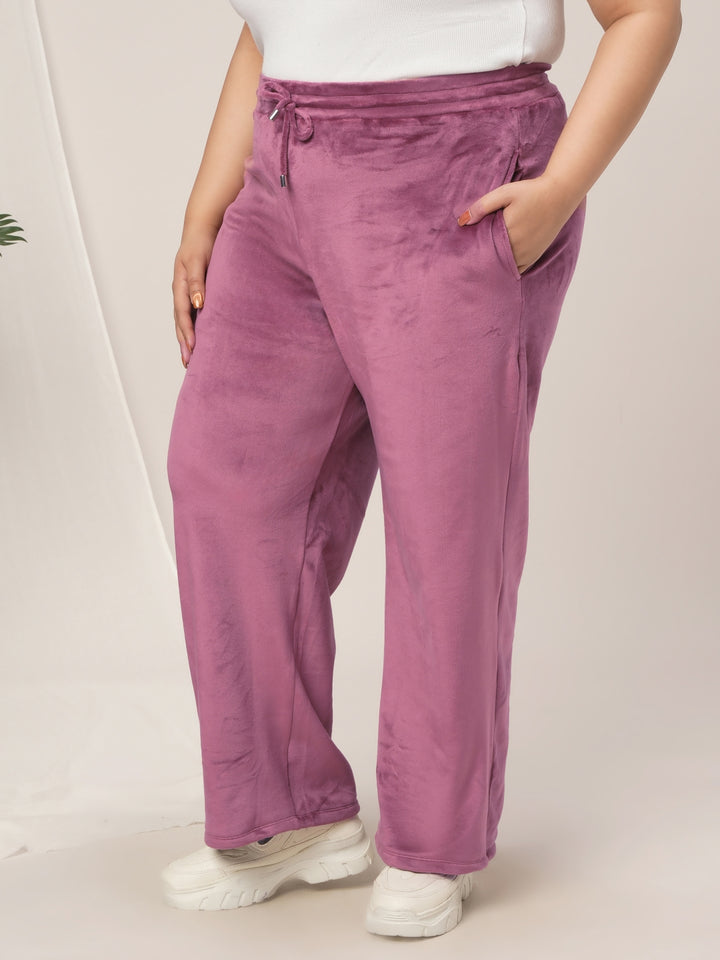 Women Plus Size Wide-Leg Velvet Pants- Dark Pink