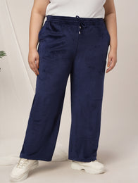 Women Plus Size Wide-Leg Velvet Pants- Navy Blue