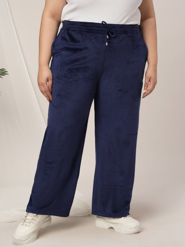 Women Plus Size Wide-Leg Velvet Pants- Navy Blue