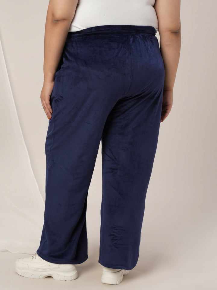 Women Plus Size Wide-Leg Velvet Pants- Navy Blue