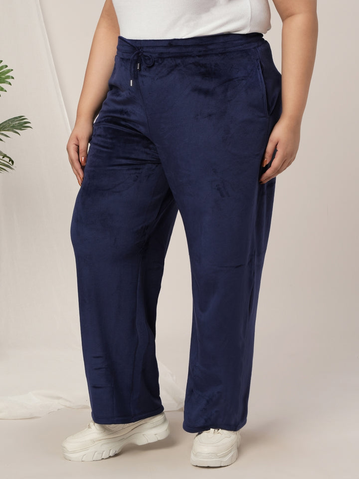 Women Plus Size Wide-Leg Velvet Pants- Navy Blue