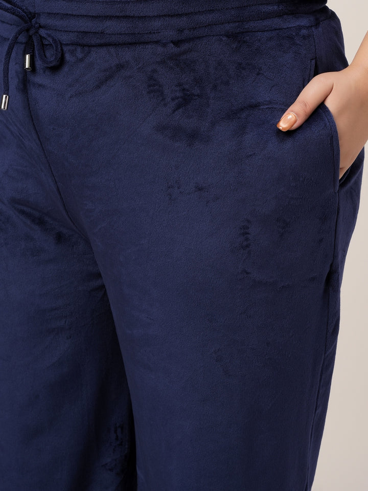 Women Plus Size Wide-Leg Velvet Pants- Navy Blue