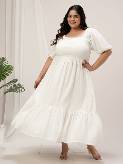 Plus Size White Cotton Tiered Maxi Dress