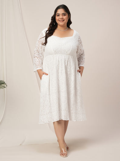 Plus Size White Lace Flare Dress
