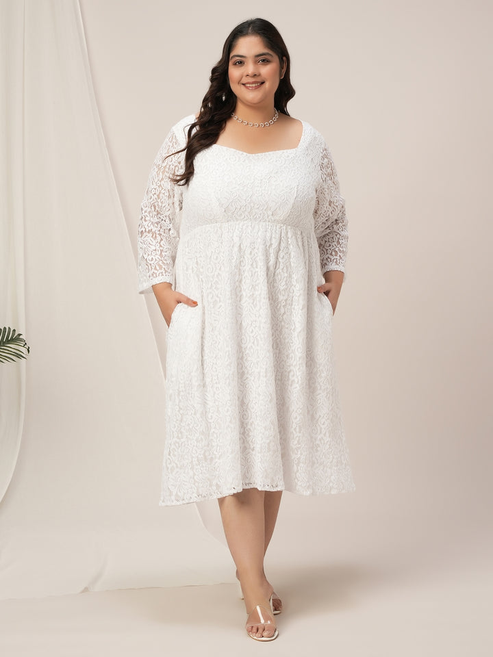 Plus Size White Lace Flare Dress