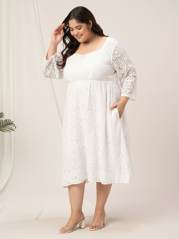 Plus Size White Lace Flare Dress