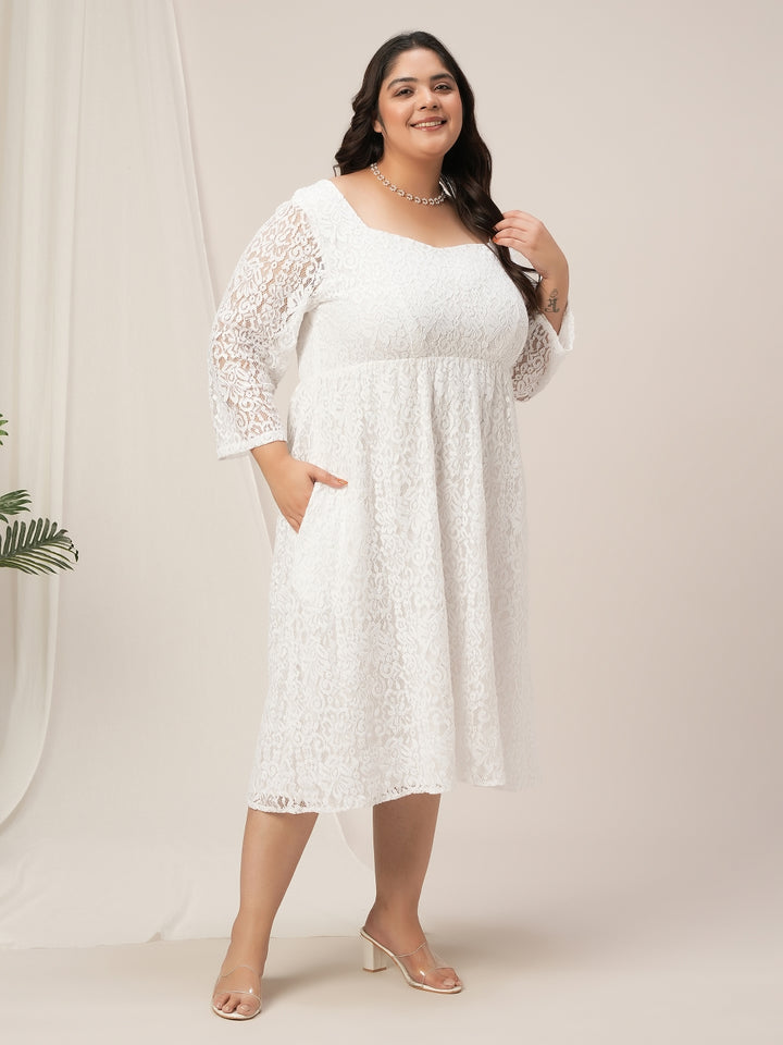 Plus Size White Lace Flare Dress