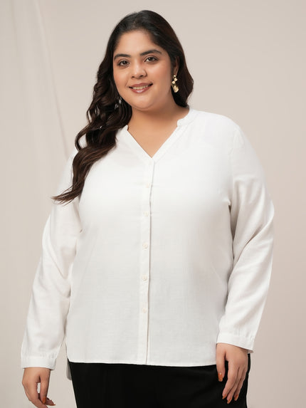 Women Plus Size Linen Office Shirt- White