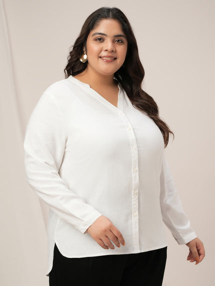 Women Plus Size Linen Office Shirt- White