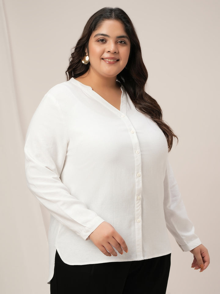 Women Plus Size Linen Office Shirt- White
