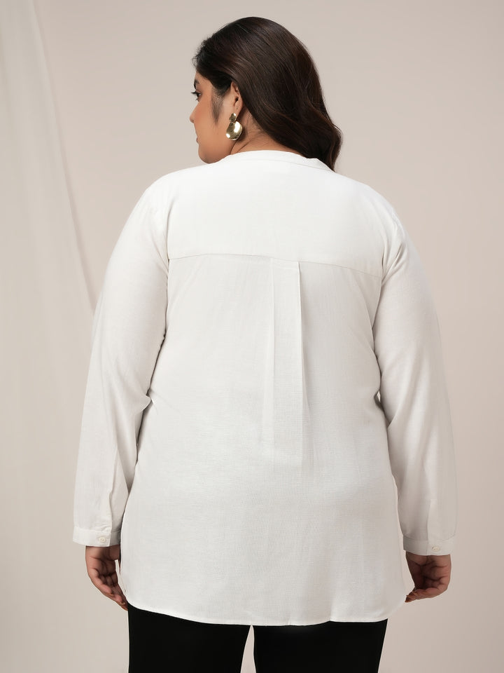 Women Plus Size Linen Office Shirt- White